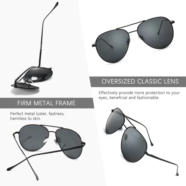 SUNGAIT Aviator Polarized Sunglasses UV400 Protection for Men Women Vintage Retro StyleBlack Frame Gray Lens 60