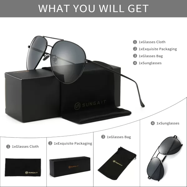 SUNGAIT Aviator Polarized Sunglasses UV400 Protection for Men Women Vintage Retro StyleBlack Frame Gray Lens 60