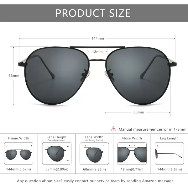 SUNGAIT Aviator Polarized Sunglasses UV400 Protection for Men Women Vintage Retro StyleBlack Frame Gray Lens 60