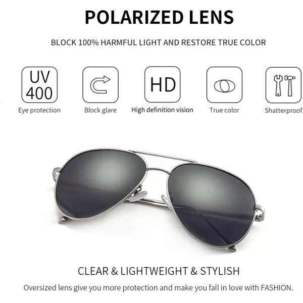 SUNGAIT Aviator Polarized Sunglasses UV400 Protection for Men Women Vintage Retro StyleSilver FrameNonmirrored Grey Lens  60