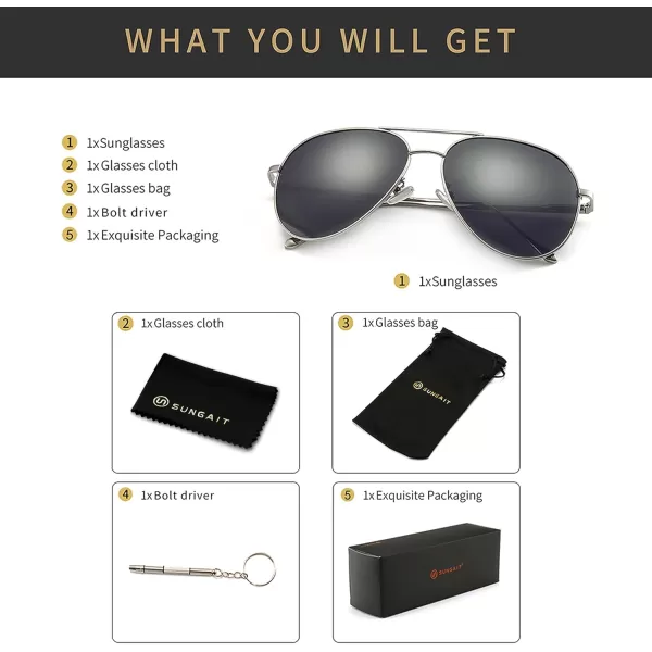 SUNGAIT Aviator Polarized Sunglasses UV400 Protection for Men Women Vintage Retro StyleSilver FrameNonmirrored Grey Lens  60