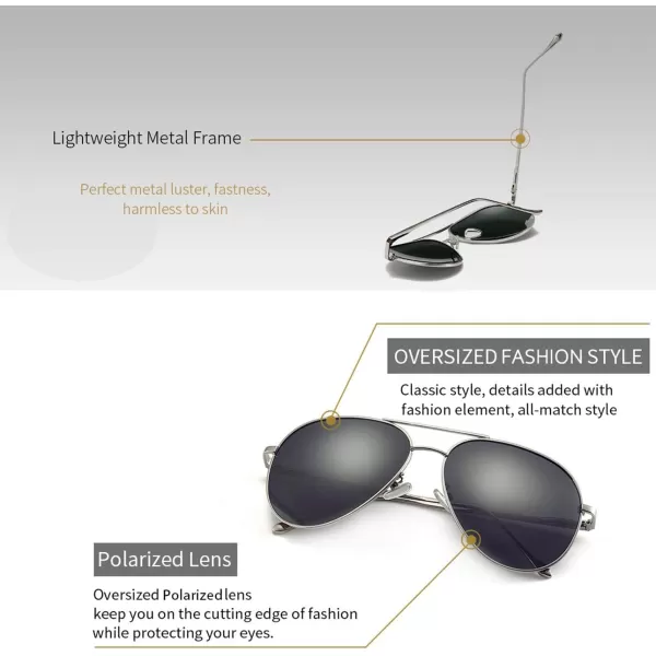 SUNGAIT Aviator Polarized Sunglasses UV400 Protection for Men Women Vintage Retro StyleSilver FrameNonmirrored Grey Lens  60