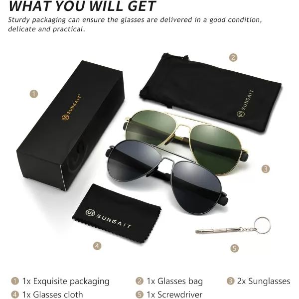 SUNGAIT Aviator Sunglasses For Men Polarized Military Style 100 UV400 Protection2 Pack Polarized GunmetalGraygoldGreen