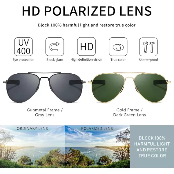 SUNGAIT Aviator Sunglasses For Men Polarized Military Style 100 UV400 Protection2 Pack Polarized GunmetalGraygoldGreen
