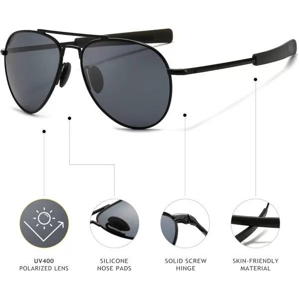 SUNGAIT Aviator Sunglasses For Men Polarized Military Style 100 UV400 ProtectionBlack FrameGray Lens