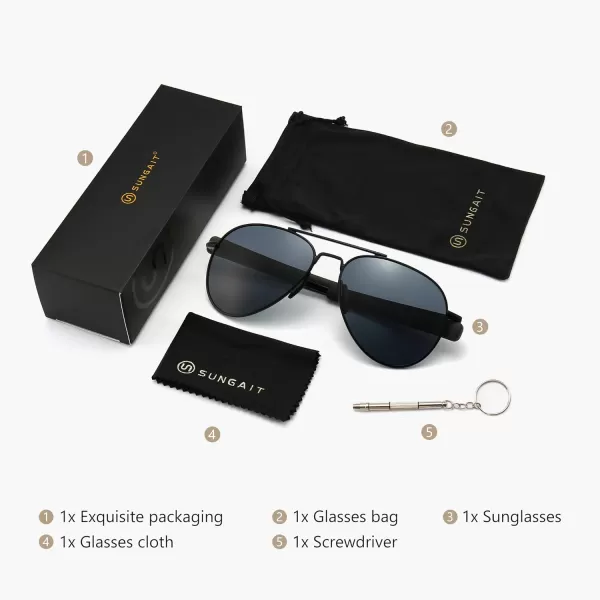 SUNGAIT Aviator Sunglasses For Men Polarized Military Style 100 UV400 ProtectionBlack FrameGray Lens