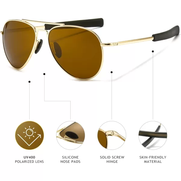 SUNGAIT Aviator Sunglasses For Men Polarized Military Style 100 UV400 ProtectionGold FrameBrown Lens