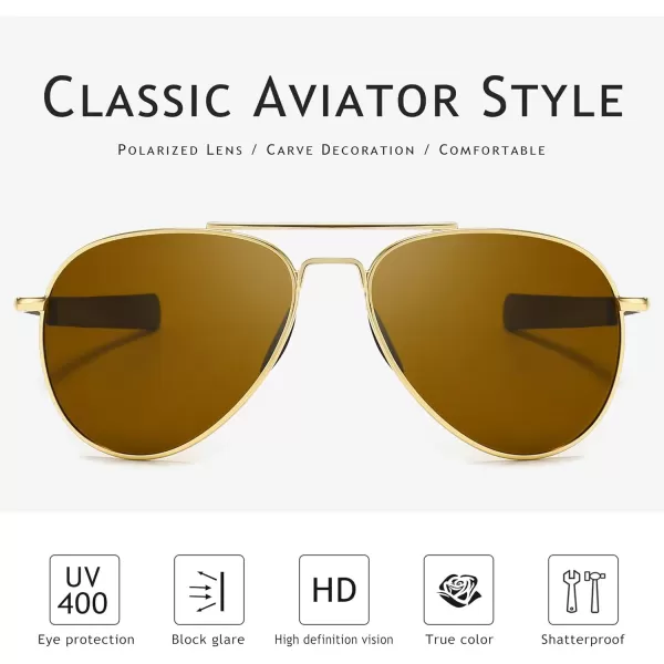 SUNGAIT Aviator Sunglasses For Men Polarized Military Style 100 UV400 ProtectionGold FrameBrown Lens