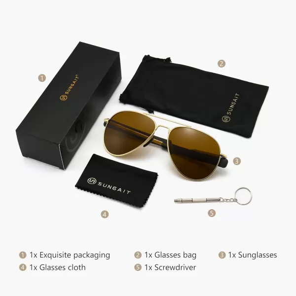 SUNGAIT Aviator Sunglasses For Men Polarized Military Style 100 UV400 ProtectionGold FrameBrown Lens