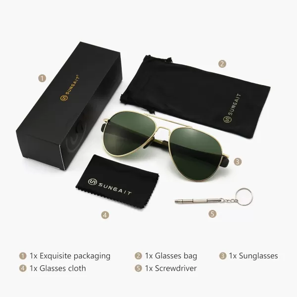 SUNGAIT Aviator Sunglasses For Men Polarized Military Style 100 UV400 ProtectionGold FrameGreen Lens