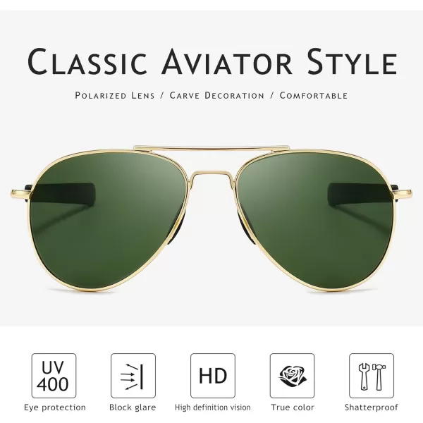 SUNGAIT Aviator Sunglasses For Men Polarized Military Style 100 UV400 ProtectionGold FrameGreen Lens