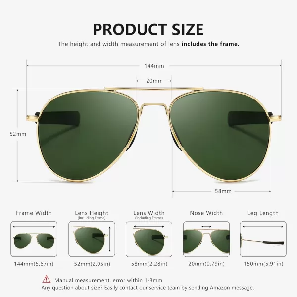 SUNGAIT Aviator Sunglasses For Men Polarized Military Style 100 UV400 ProtectionGold FrameGreen Lens