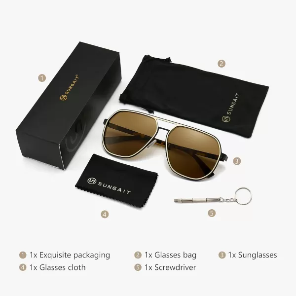 SUNGAIT Aviator Sunglasses for Men and Women Polarized Trendy Square Sun Glasses Retro Pilot Shades UV Protection2024 Amber FrameGold RimBrown Lens