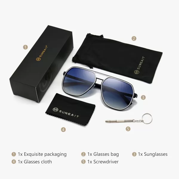 SUNGAIT Aviator Sunglasses for Men and Women Polarized Trendy Square Sun Glasses Retro Pilot Shades UV Protection2024 Black FrameSilver RimDark Blue Gradient Lens