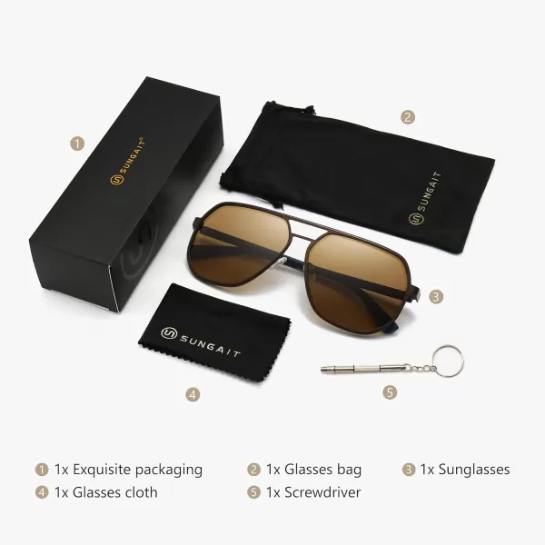 SUNGAIT Aviator Sunglasses for Men and Women Polarized Trendy Square Sun Glasses Retro Pilot Shades UV Protection2024 Matte Coffe FrameBrown Lens
