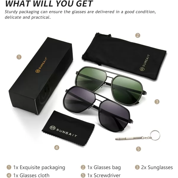 SUNGAIT Aviator Sunglasses for Men and Women Polarized Trendy Square Sun Glasses Retro Pilot Shades UV ProtectionBlackGradient Gray  GunmetalDark Green