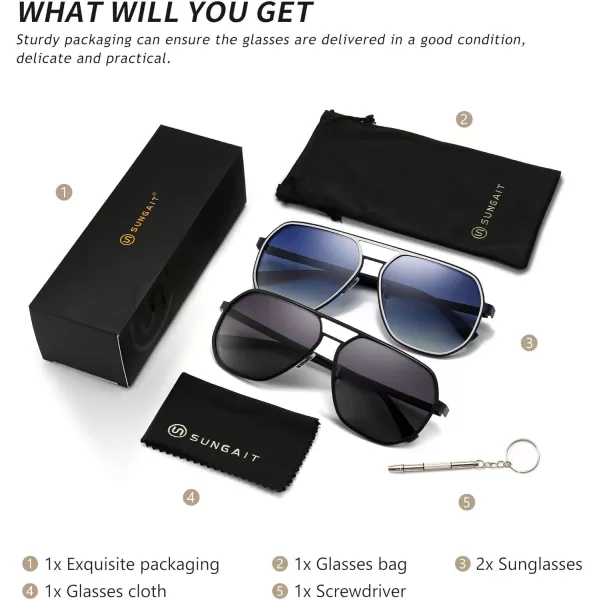 SUNGAIT Aviator Sunglasses for Men and Women Polarized Trendy Square Sun Glasses Retro Pilot Shades UV ProtectionBlackGradient Gray  SilverBlue