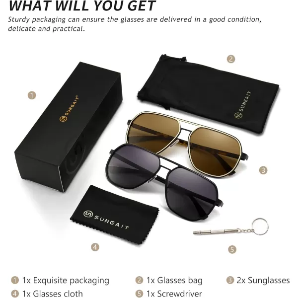SUNGAIT Aviator Sunglasses for Men and Women Polarized Trendy Square Sun Glasses Retro Pilot Shades UV ProtectionBlackGradient Grey  AmberBrown