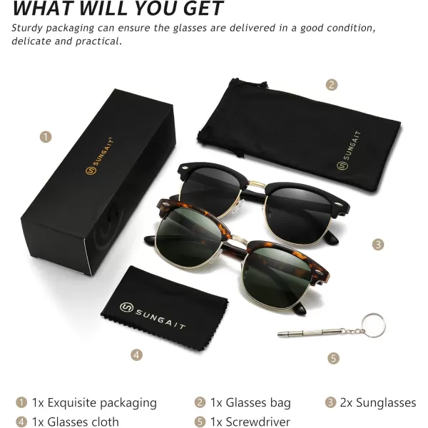 SUNGAIT Classic Half Frame Retro Sunglasses with Polarized Lens2 PackpolarizedblackGrey LeopardGreen