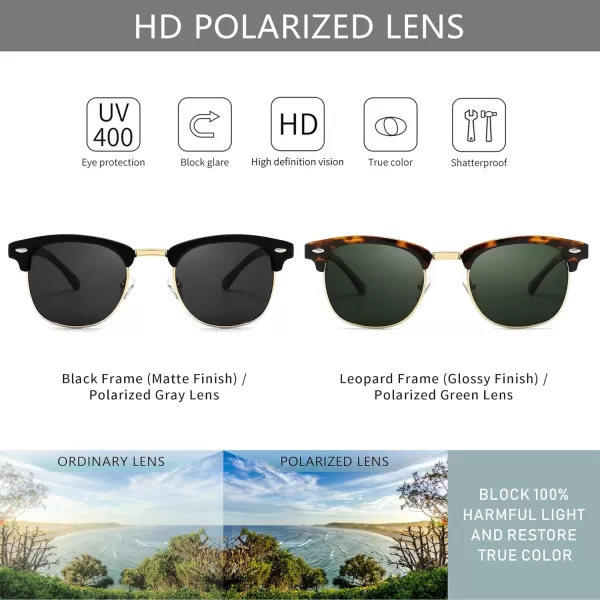 SUNGAIT Classic Half Frame Retro Sunglasses with Polarized Lens2 PackpolarizedblackGrey LeopardGreen