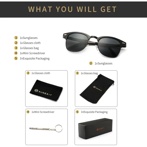 SUNGAIT Classic Half Frame Retro Sunglasses with Polarized LensBlack Metal Frame Gray Lens