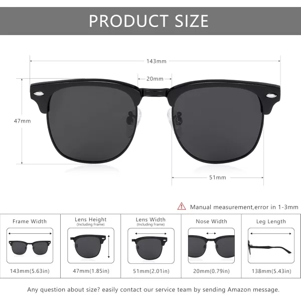 SUNGAIT Classic Half Frame Retro Sunglasses with Polarized LensBlack Metal Frame Gray Lens