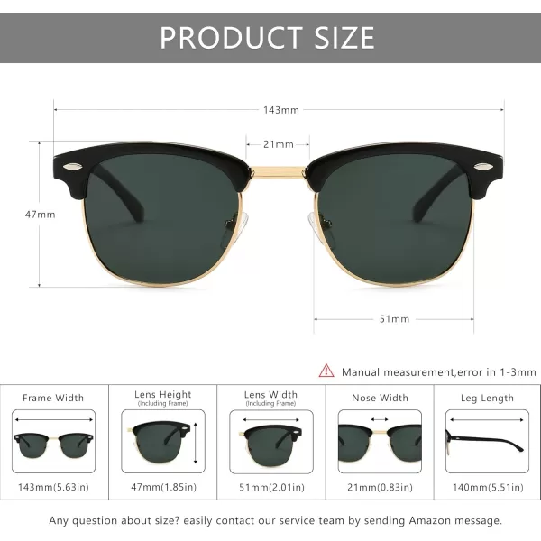 SUNGAIT Classic Half Frame Retro Sunglasses with Polarized LensBlack Plastic Frame Glossy FinishGreen Lens