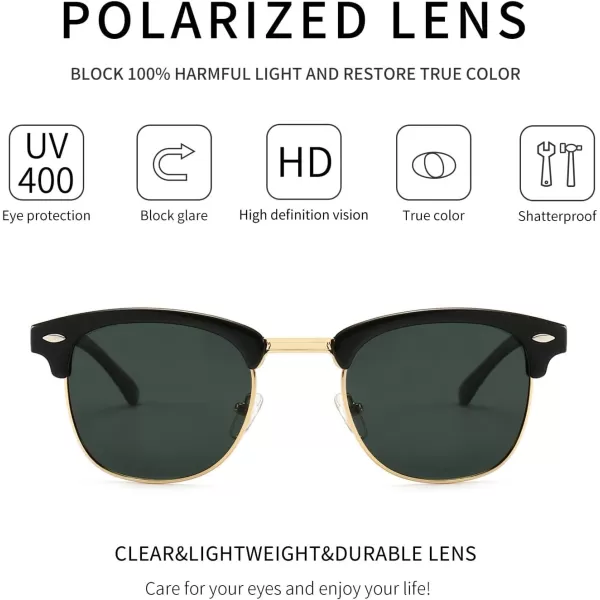 SUNGAIT Classic Half Frame Retro Sunglasses with Polarized LensBlack Plastic Frame Glossy FinishGreen Lens