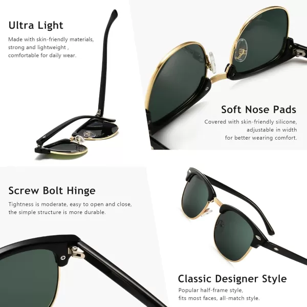 SUNGAIT Classic Half Frame Retro Sunglasses with Polarized LensBlack Plastic Frame Glossy FinishGreen Lens