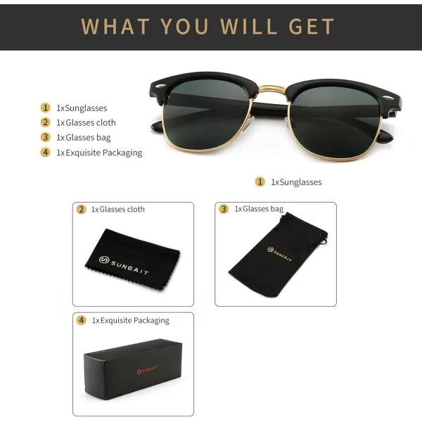 SUNGAIT Classic Half Frame Retro Sunglasses with Polarized LensBlack Plastic Frame Glossy FinishGreen Lens