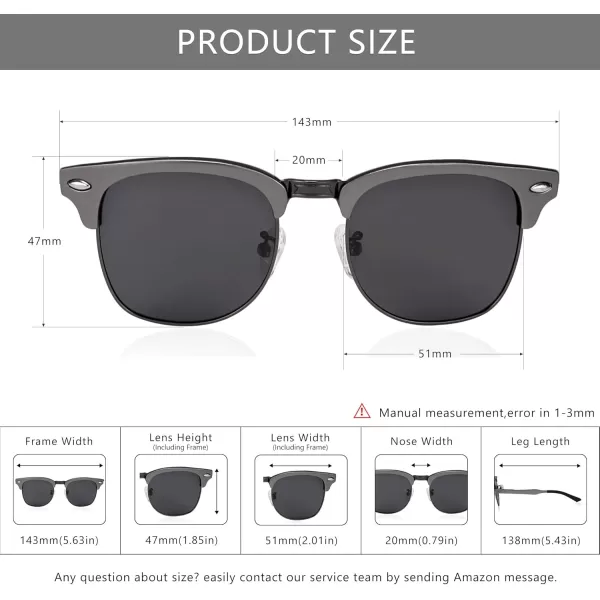 SUNGAIT Classic Half Frame Retro Sunglasses with Polarized LensGunmetal Metal Frame Gray Lens