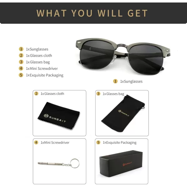 SUNGAIT Classic Half Frame Retro Sunglasses with Polarized LensGunmetal Metal Frame Gray Lens
