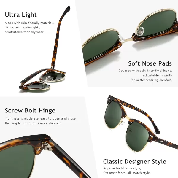 SUNGAIT Classic Half Frame Retro Sunglasses with Polarized LensLeopard Frame Glossy FinishGreen Lens