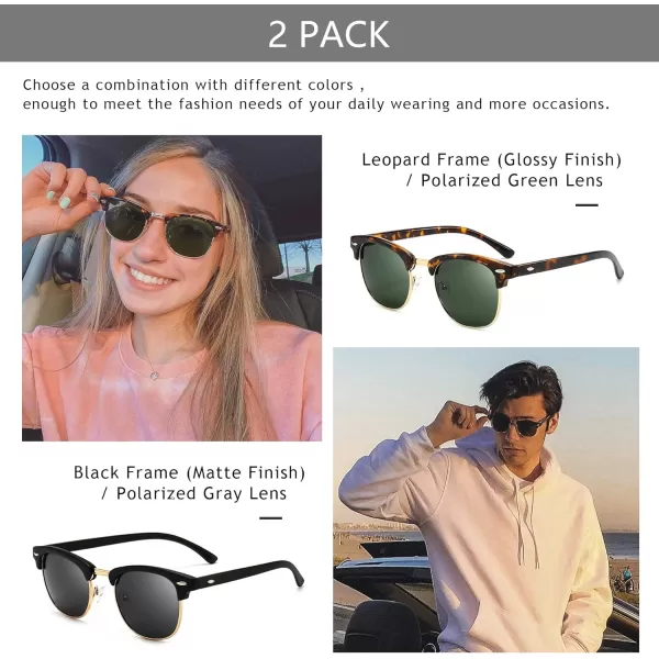 SUNGAIT Classic Half Frame Retro Sunglasses with Polarized LensLeopard Frame Glossy FinishGreen Lens