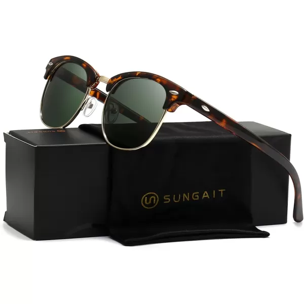 SUNGAIT Classic Half Frame Retro Sunglasses with Polarized LensLeopard Frame Glossy FinishGreen Lens