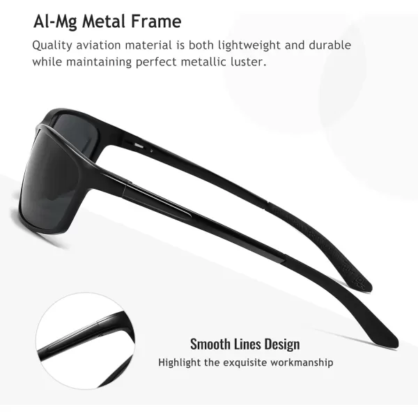 SUNGAIT Classic Rectangle Polarized Sunglasses for Men AlMg Metal Frame with Spring HingeBlack Frame Gray Lens
