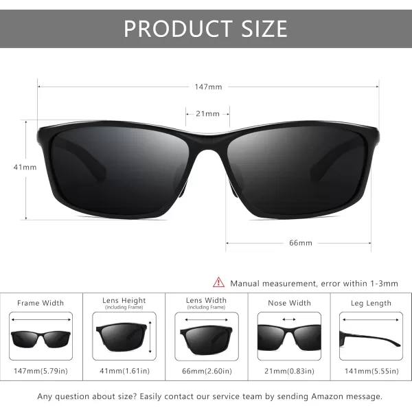 SUNGAIT Classic Rectangle Polarized Sunglasses for Men AlMg Metal Frame with Spring HingeBlack Frame Gray Lens