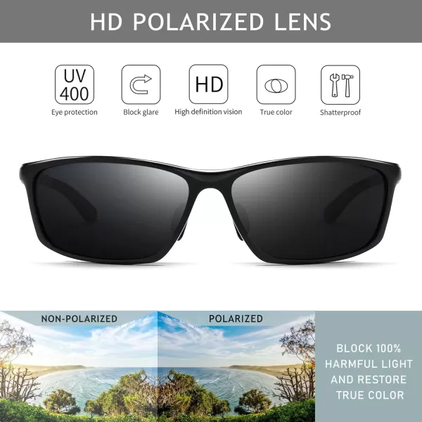 SUNGAIT Classic Rectangle Polarized Sunglasses for Men AlMg Metal Frame with Spring HingeBlack Frame Gray Lens