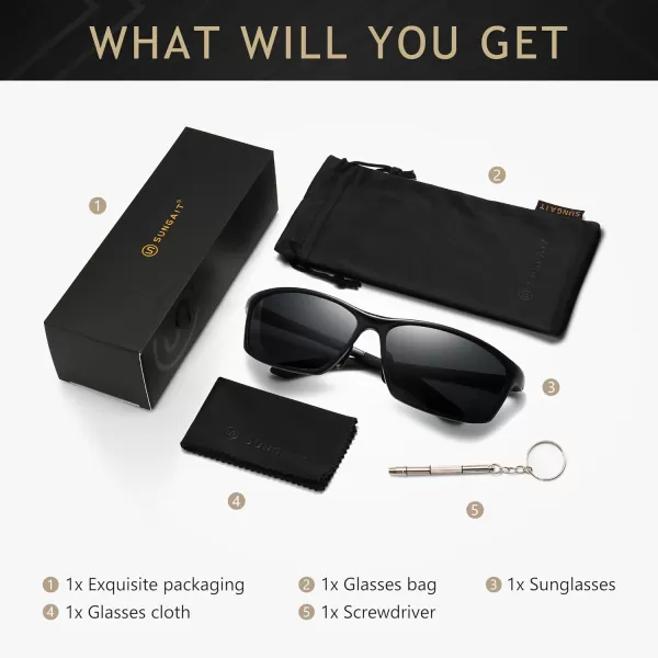 SUNGAIT Classic Rectangle Polarized Sunglasses for Men AlMg Metal Frame with Spring HingeBlack Frame Gray Lens