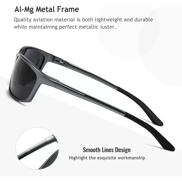 SUNGAIT Classic Rectangle Polarized Sunglasses for Men AlMg Metal Frame with Spring HingeGunmetal Frame Gray Lens