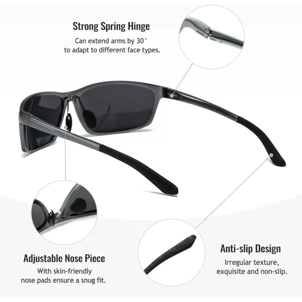 SUNGAIT Classic Rectangle Polarized Sunglasses for Men AlMg Metal Frame with Spring HingeGunmetal Frame Gray Lens