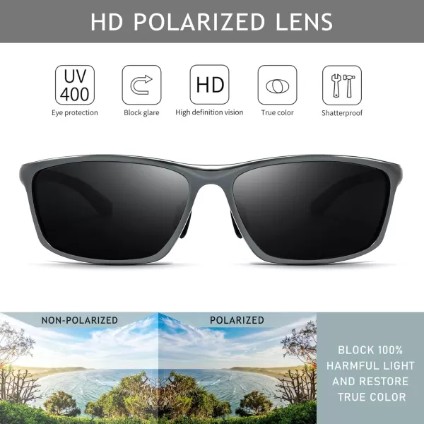 SUNGAIT Classic Rectangle Polarized Sunglasses for Men AlMg Metal Frame with Spring HingeGunmetal Frame Gray Lens