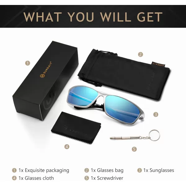 SUNGAIT Classic Rectangle Polarized Sunglasses for Men AlMg Metal Frame with Spring HingeSilver Frame Blue Mirrored Lens