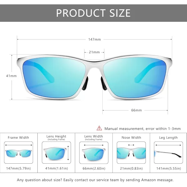 SUNGAIT Classic Rectangle Polarized Sunglasses for Men AlMg Metal Frame with Spring HingeSilver Frame Blue Mirrored Lens