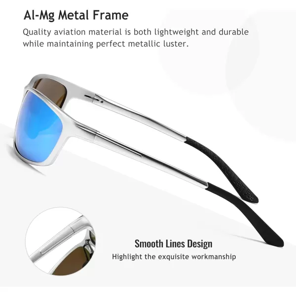 SUNGAIT Classic Rectangle Polarized Sunglasses for Men AlMg Metal Frame with Spring HingeSilver Frame Blue Mirrored Lens