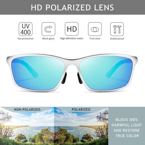 SUNGAIT Classic Rectangle Polarized Sunglasses for Men AlMg Metal Frame with Spring HingeSilver Frame Blue Mirrored Lens