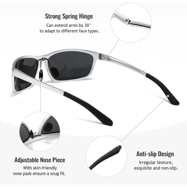 SUNGAIT Classic Rectangle Polarized Sunglasses for Men AlMg Metal Frame with Spring HingeSilver Frame Gray Lens