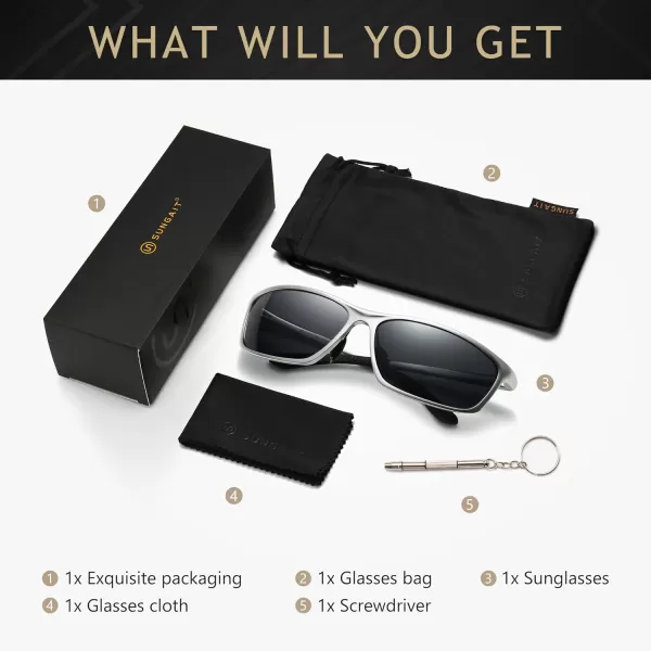 SUNGAIT Classic Rectangle Polarized Sunglasses for Men AlMg Metal Frame with Spring HingeSilver Frame Gray Lens