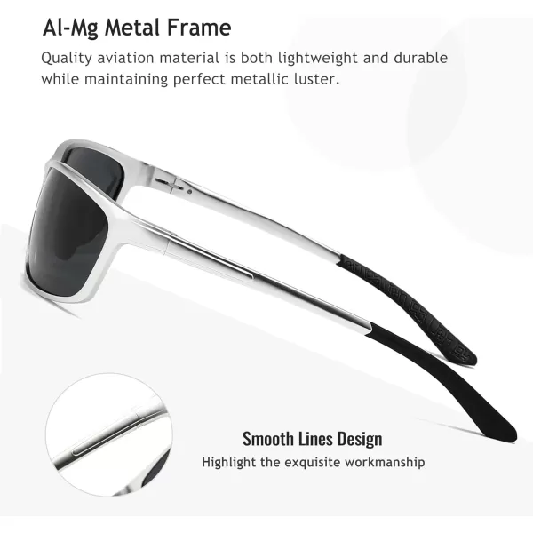 SUNGAIT Classic Rectangle Polarized Sunglasses for Men AlMg Metal Frame with Spring HingeSilver Frame Gray Lens