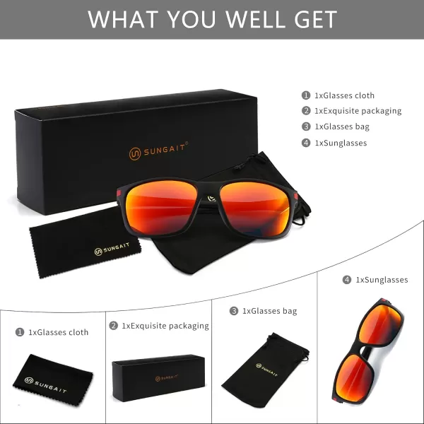 SUNGAIT Classic Square Polarized Sunglasses For Men Women Horn Rimmed Design Black Matte Finish Transparent Red FrameTangerine Lens K158HEIHOKHO